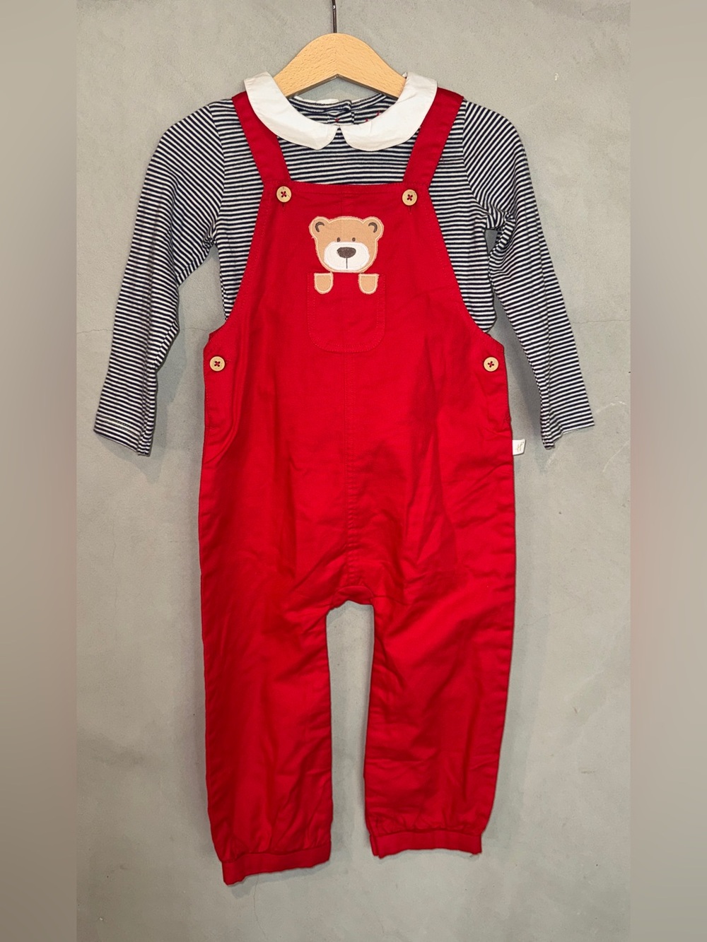 H by Hamleys Infant White & Blue stripe shirt bear Red Dungaree 18-24 months